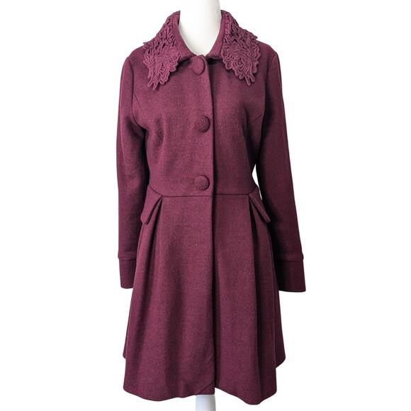 Darling London Burgundy Floral Lace Overlay Collared 3 Button Pea Coat Small - Picture 1 of 9